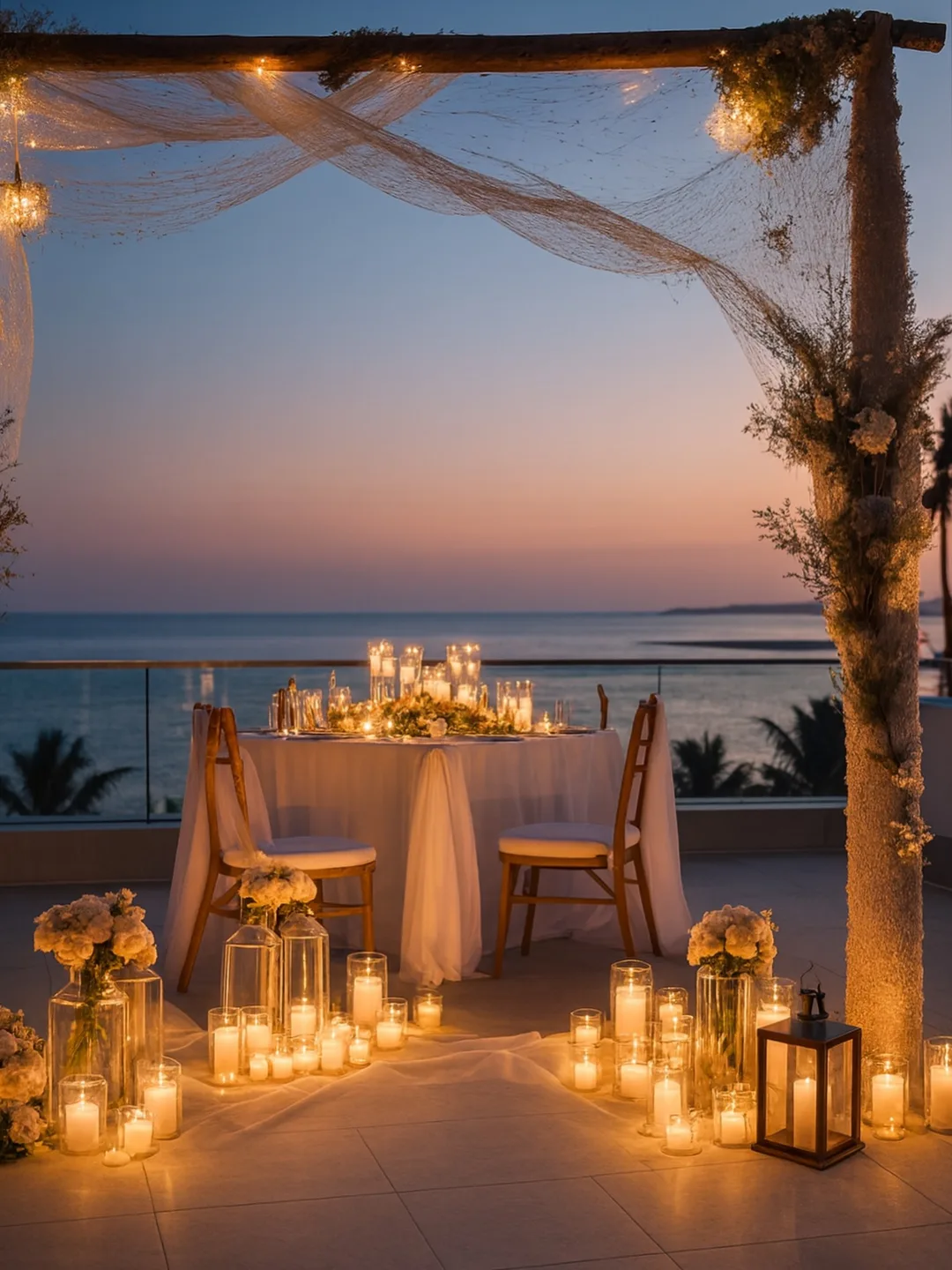 Cena para dos con velas frente al mar al atardecer